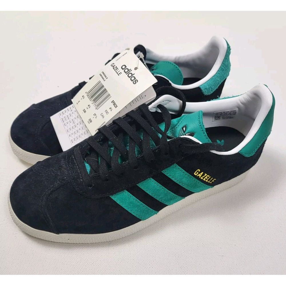 Adidas Originals Gazelle Casual Shoes Black/Teal Green/Gold Metallic Mens 5 W 6
